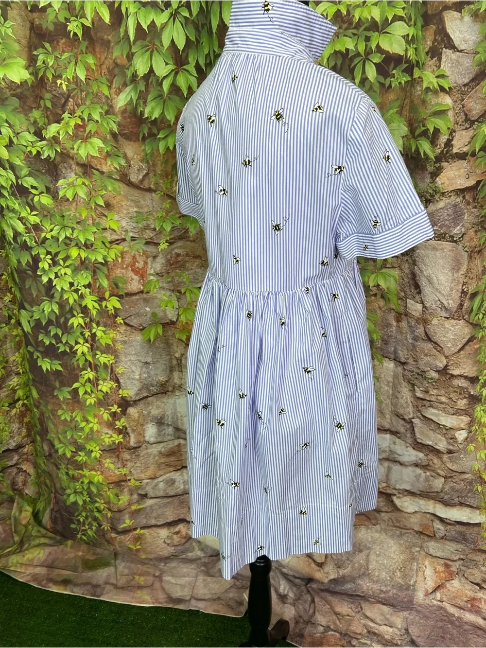 KATE SPADE Abuzz Poplin Blue and White Striped Bee Print Poplin Luxury Dress, XS
